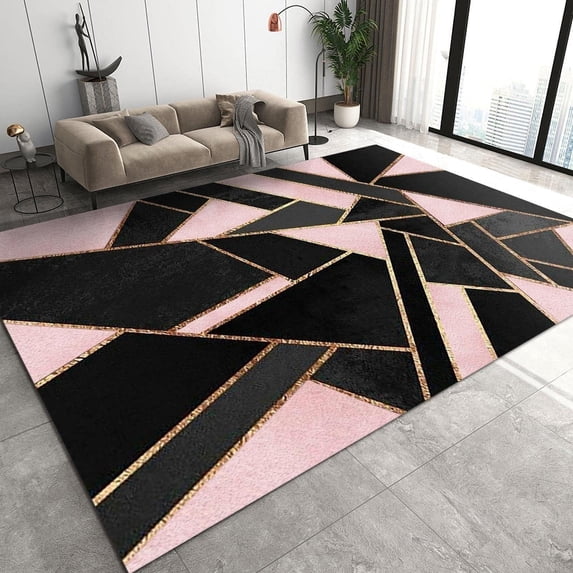 Black Pink Marble Texture Area Rug For Bedroom, Golden Lines Geometry Indoor Rugs, Soft Non-Slip Machine Washable Carpet For Bedroom Dining Room Home Office Decor Kitchen Table