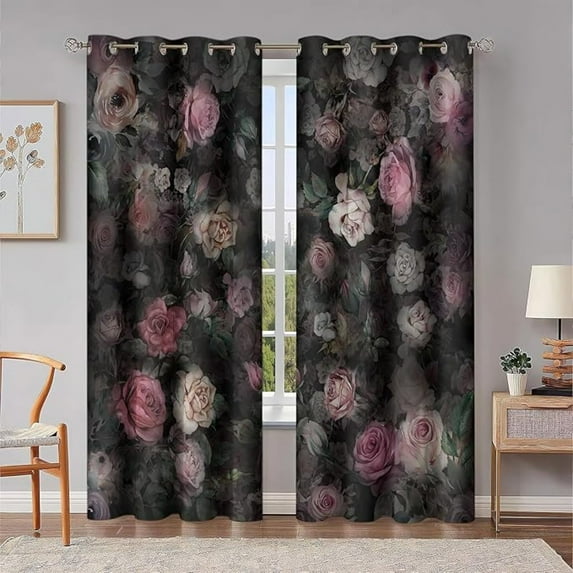 Black Pink Rose Floral Blackout Curtains For Bedroom, Chic Rose Insulation Curtain Boho Dark Flower Aesthetic Drapes For Woman Living Room 26"W x 63"L (Pack of 2)