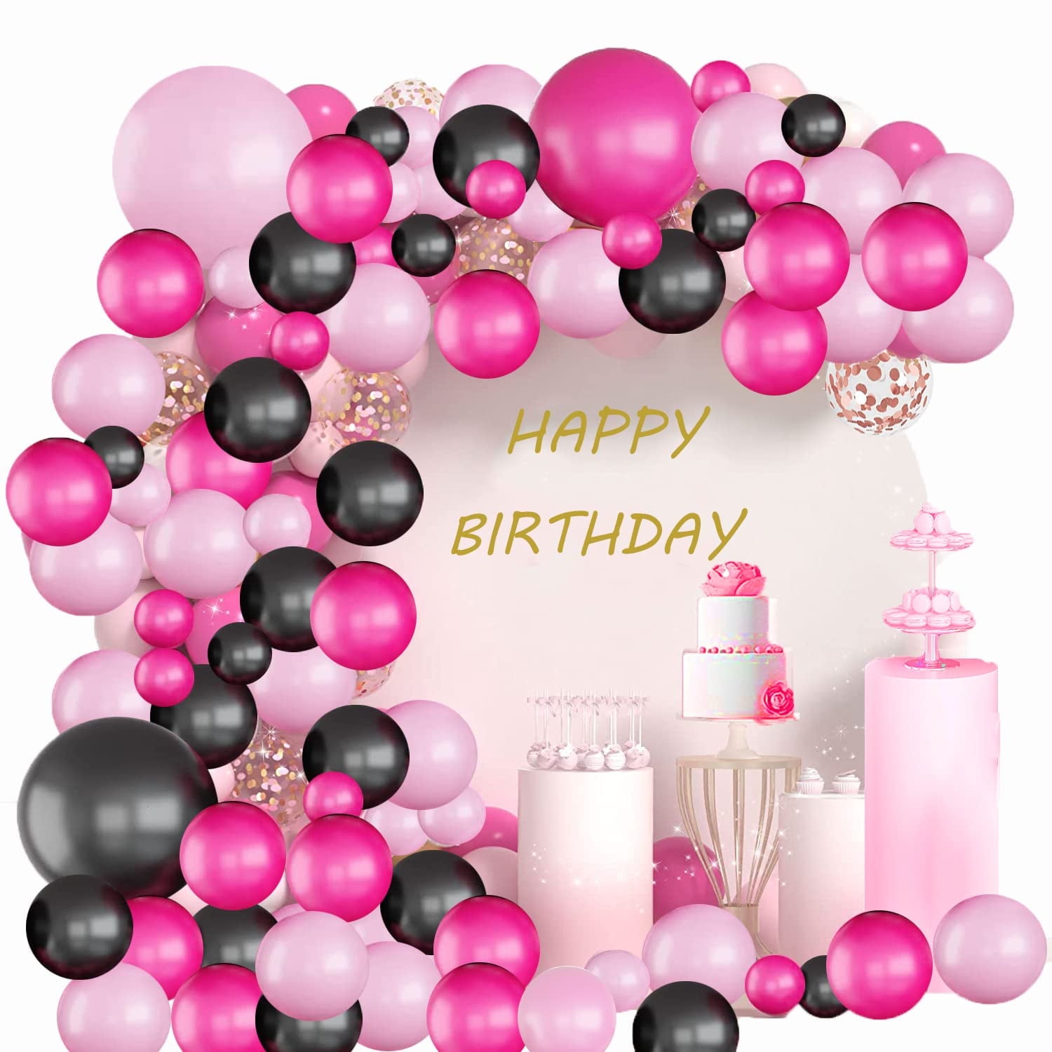 Black Pink Rose Red Balloon Arch Kit-109 Pcs Roes Red Pink Black Confetti Balloons for Girls Baby Shower Birthday Paris Theme Party Supplies