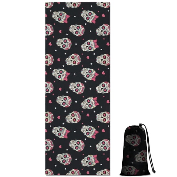Black Pink Skull Pattern Hot Yoga Mat Towel Non Slip for Hot Yoga - Quick-Drying Yoga Mat Cover with 4 Corner Pockets with Travel Bag - Hot Yoga Towel Non Slip 74"x26"