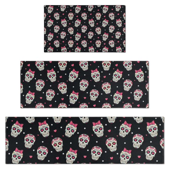 Black Pink Skull Pattern Kitchen Rugs Sets Of 3,Kitchen Runner Rugs Non Skid Washable,Decorative Kitchen Floor Mats for Kitchen,Sink,Laundry,17"x30"+ 17"x47" + 17"x59"