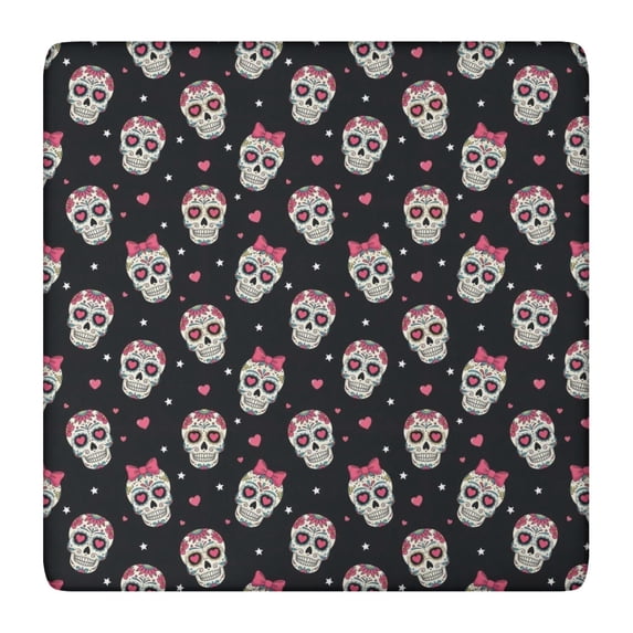 Black Pink Skull Pattern Square Fitted Tablecloth with Elastic Edge,Square Table Cover,Washable Elastic Table Cover for Home Kitchen Party Decor 36"x36"