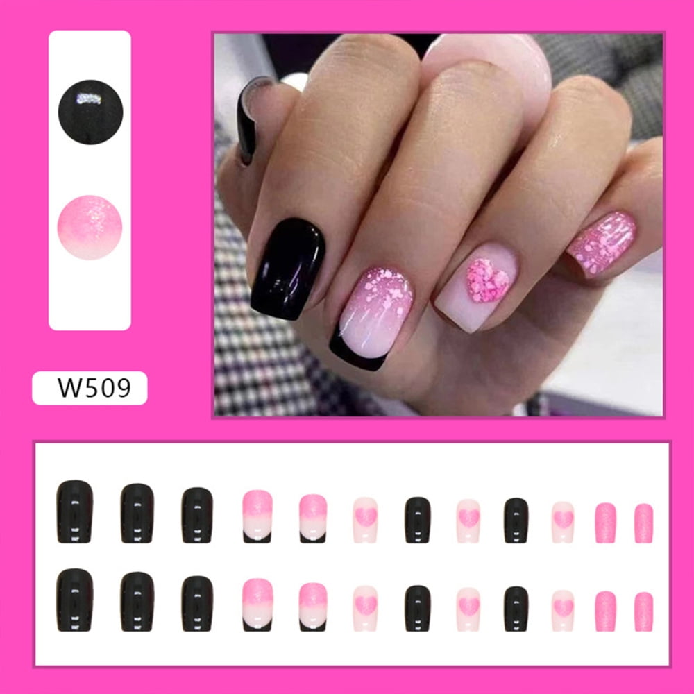 Black & Pink Square Fake Nails NonToxic Not Hurt to Hands Nails for