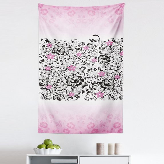 Black and Pink Tapestry, Curly Romantic Flowers in Pinkish Colors Pattern, Fabric Wall Hanging Decor for Bedroom Living Room Dorm, 5 Sizes, Pink and Charcoal Grey, by Ambesonne