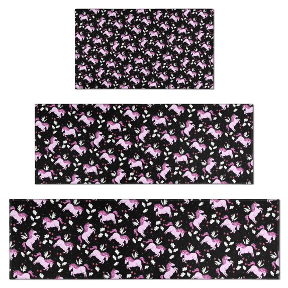 Black Pink Unicorn Pattern Kitchen Rugs Sets Of 3,Kitchen Runner Rugs Non Skid Washable,Decorative Kitchen Floor Mats for Kitchen,Sink,Laundry,17"x30"+ 17"x47" + 17"x59"