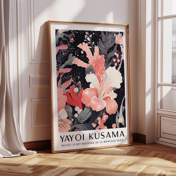 Black And Pink Wall Art Floral Print – Yayoi Kusama Inspired Modern Botanical Poster – Elegant Flower Art For Bedroom Or Office Decor Wall Art, Modern Wall Decor, 16x24 UNFRAMED