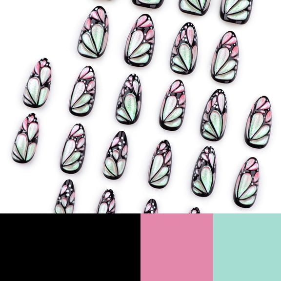 Black, Pink and Iridescent Green Butterfly Wing Pattern Press on Nails, Medium Almond Glossy Iridescent False Nails, 24 Count