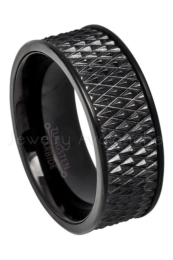 Black Pipe Cut Mens Tungsten Ring, Spike Texture Tungsten Carbide Ring JATN608Ns7