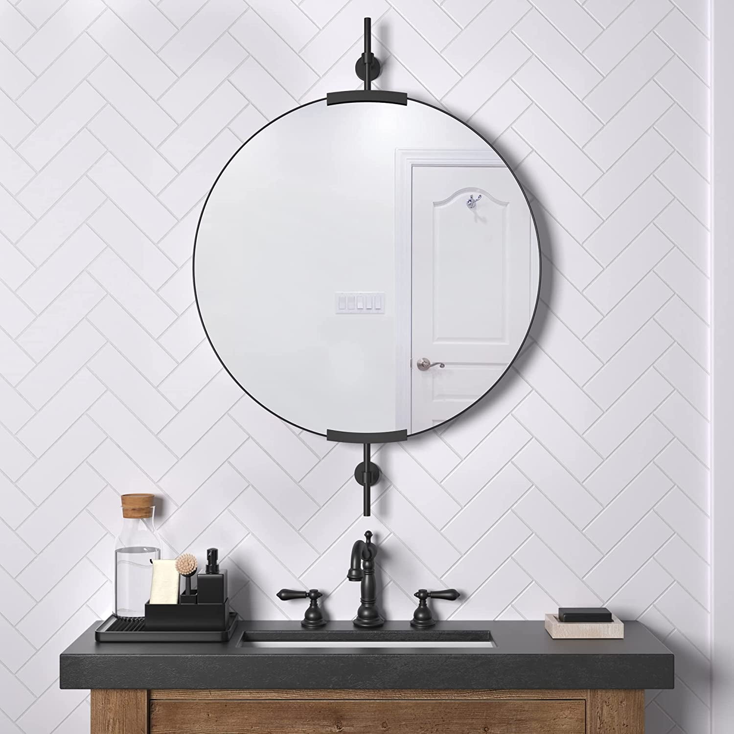 Black Pivot Round Mirror 24 Inch Metal Farmhouse Bathroom Mirror