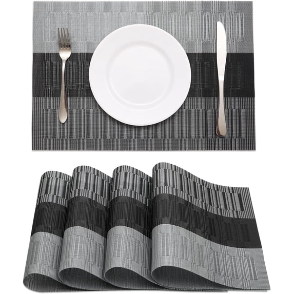 Black Placemats Set of 4 Heat-Resistant Washable Place Mats Non-Slip Vinyl Woven Table Wipeable Placemat for Kitchen Dining Decoration Indoor Outdoor