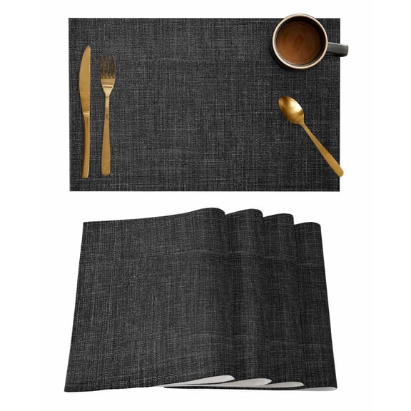 Black Placemats Set of 6, Farmhouse Burlap Solid Black Color Modern Linen Texture Placemats for Dining Table, Place Mats for Kitchen Tabletop, Waterproof Wipeable Dining Table Mats Set