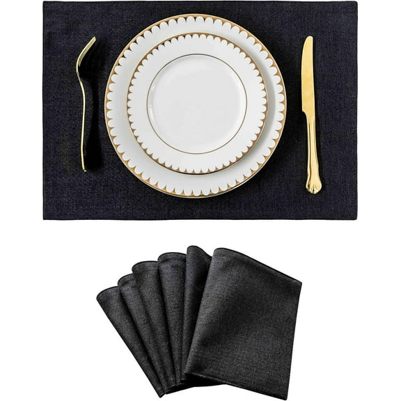 Black Placemats Set of 6 Heat Resistant Dining Table Place Mats, Kitchen Cloth Table Mats