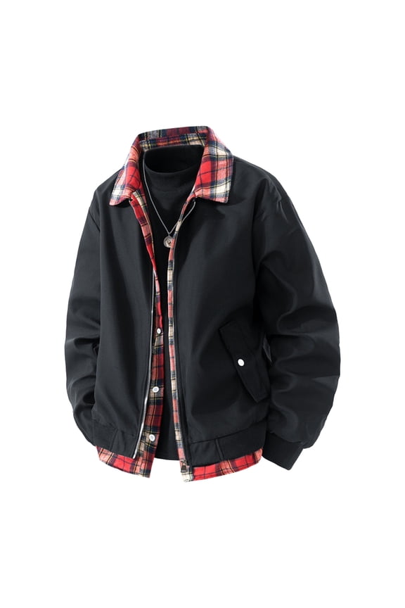 Black Plaid 2 Piece Cardigan Fake 2 Match Outfits 2PC Sets for Mens Fall Winter Long Sleeve High Neck Jacket Shacket Outfit 2PC Sets Man Zip Up 2026 Clothing Fashion M
