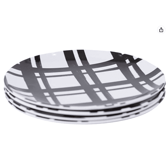 Black Plaid Melamine Appetizer Plates  4-Pack 6" Reusable, Dishwasher-Safe Plates for Entertaining
