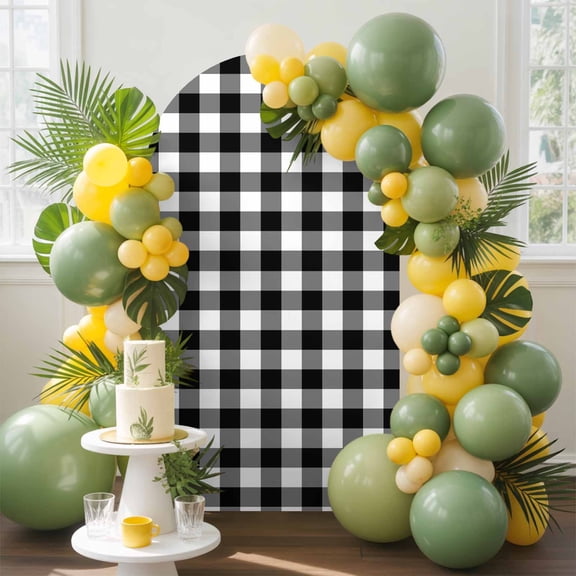 Black Plaid Arch Backdrop Cover, 7.2FT, Black Gradient Line Check Geometric Spandex Arch Covers Double-Sided Backdrop for Wedding Birthday Party Photo Background Decoration