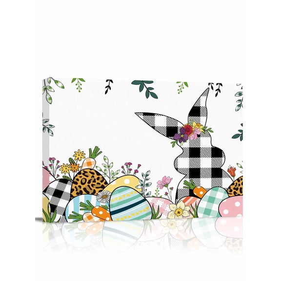 Black Plaid Bunny Easter Wall Art for Living Room,Canvas Picture Wall Decor for Bathroom Bedroom,Spring Floral Eggs Watercolor Painting Artwork for Office Kitchen Hallway Dining Room Decor 12"x16"