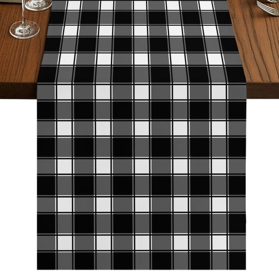 Black Plaid Burlap Cotton Table Runner 13x120 Inches Long, Farmhouse Black White Checkered Farmhouse Table Runners, Outdoor Dining Table Decor for Baby Shower/Party/Wedding