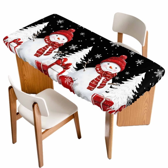 Black Plaid Christmas Table Cloths for 6 Foot Rectangle Tables, Snowman Gifts Xmas Tree Winter Snowflake Patio Waterproof Elastic Fitted Tablecloths, Washable Rectangular Table Cover for Camping