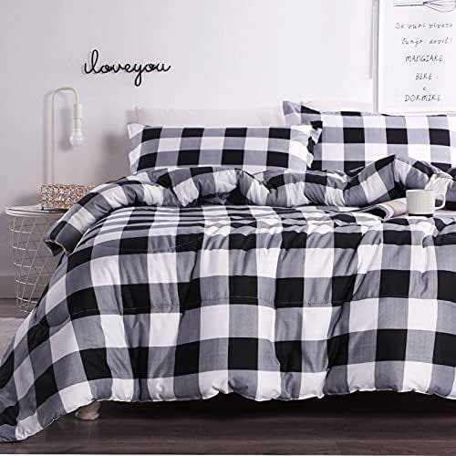 Black Plaid Comforter Set Queen Size (90x90 Inch), 3 Pieces (1 Gingham Comforter & 2 Pillowcases), Summer Lightweight Microfiber Buffalo Check Down Alternative Comforter Set, Black/Grey/White