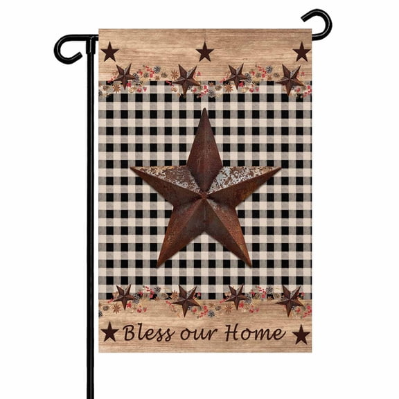 Black Plaid Country Star Garden Flags for Outside Farmhouse Wood Texture Double Sided Yard Flags Outdoor House Decoration, Small 12X18 Inch,