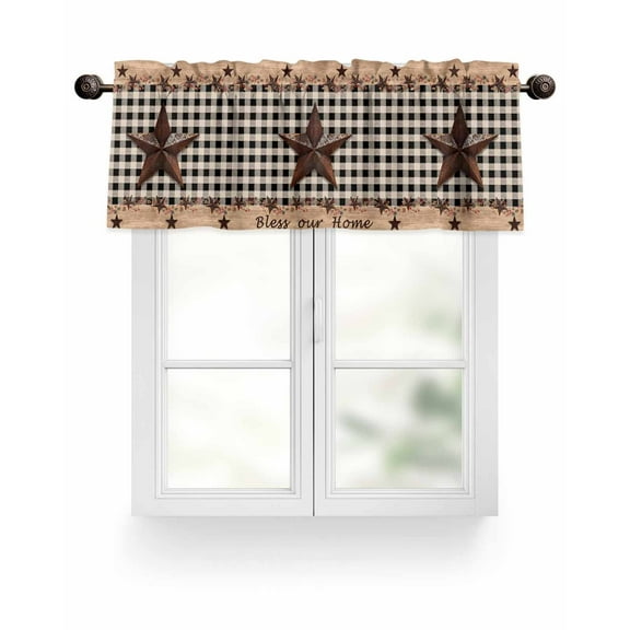 Black Plaid Country Star Kitchen Valances for Windows Farmhouse Wood Texture Valance Curtains&nbsp; for Kitchen /Living Room/Bedroom/ Bathroom Decor, 54"x18 " ,Rod Pocket 1 Panel,