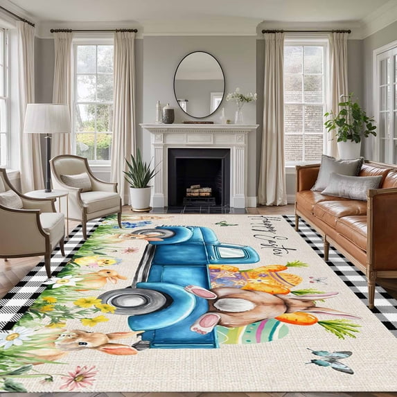 Black Plaid Easter Area Rugs 5'x7', Small Throw Rugs for Laundry Room Playroom, Truck Spring Floral Bunny Animals Rustic Indoor Outdoor Rug Non-Slip Low Pile Carpet Runner Reversible Floor Mats