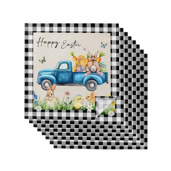 Black Plaid Easter Cloth Napkins Set of 8 Reusable Dinner Napkins, Truck Spring Floral Bunny Animals Rustic Cocktail Napkin Washable Table Napkins for Wedding/Holiday Party/Baby Shower 20"x20"