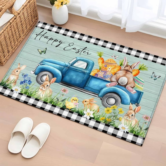 Black Plaid Easter Entryway Rug 2'x3' Non Slip Front Door Mats, Truck Spring Floral Bunny Wooden Entrance Rugs Indoor Outdoor Carpet, Washable Floor Mats Small Area Rug for Bedroom Kitchen