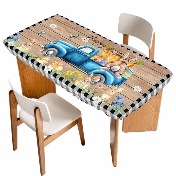 Black Plaid Easter Table Cloths for 6 Foot Rectangle Tables, Truck Spring Floral Bunny Animals Wooden Patio Waterproof Elastic Fitted Tablecloths, Washable Rectangular Table Cover for Camping