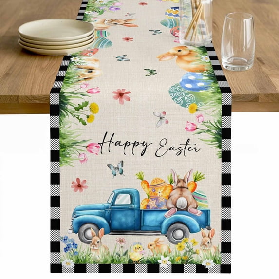 Black Plaid Easter Table Runner - 108 Inch Long Truck Spring Floral Bunny Animals Rustic Cotton and Linen Blended Dress Scarves Farmhouse Table Runner for Kitchen Dining, Coffee Table, 13" x 108"