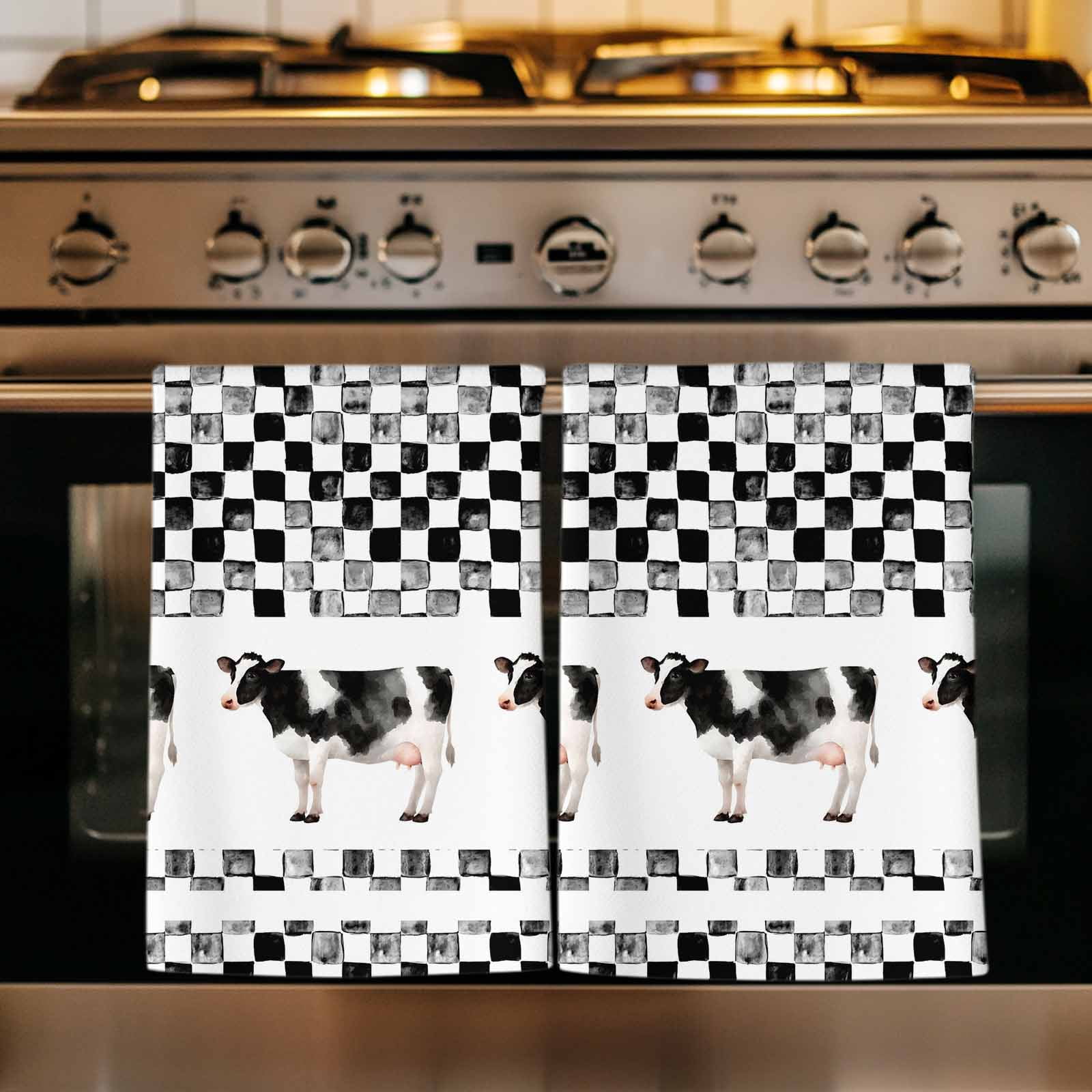 Black Plaid Farmhouse Kitchen Towels Set of 1, Watercolor Cute Country Cow Checkered Absorbent Dish Towels for Kitchen, Microfiber Hand Towel, Quick Drying Tea Towel for Cleaning Dishcloths