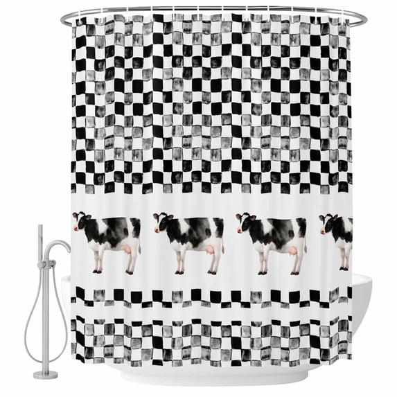 Black Plaid Farmhouse Shower Curtain, Waterproof Shower Curtains for Bathroom, Watercolor Cute Country Cow Checkered Washable Fabric Bathtub Curtain Set Bath Decor with 12 Hooks 48"x72"