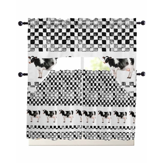 Black Plaid Farmhouse Swag Curtains for Living Room/Bedroom Windows, Watercolor Cute Country Cow Checkered Kitchen Curtains and Valances Set 36 Inch Length, Swags Valance Curtain Panels