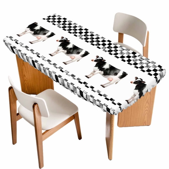 Black Plaid Farmhouse Table Cloths for 6 Foot Rectangle Tables, Watercolor Cute Country Cow Checkered Patio Waterproof Elastic Fitted Tablecloths, Washable Rectangular Table Cover for Camping