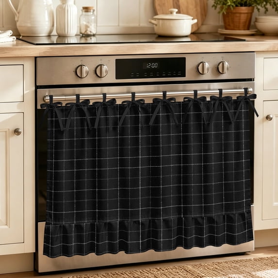Black Plaid Grid Oven Skirt for Farmhouse Kitchen Décor, Modern Abstract Dark Checkered Oven Curtain Tie Top Decorative Stove Skirt, Cabinet Dish Washer Curtains with 8 Ribbon Ties 27"x20"