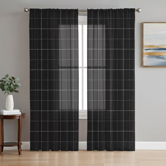 Black Plaid Grid Sheer Curtains 84 Inch Length 2 Panels Set, Modern ...