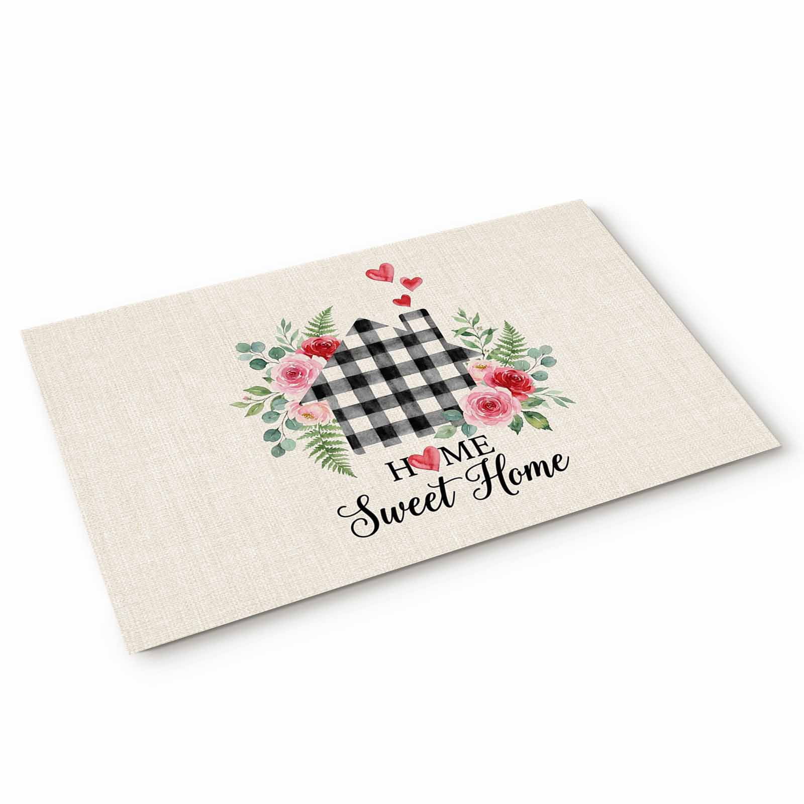 Black Plaid House Door Mat Home Sweet Home Pink Floral Linen Texture ...
