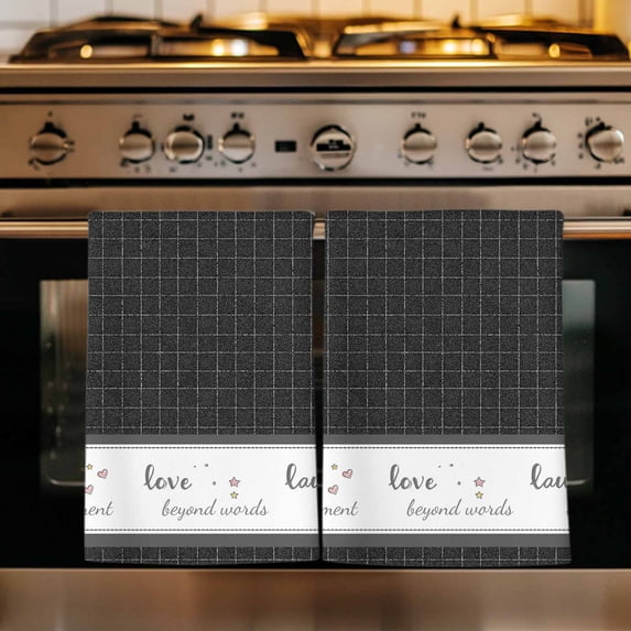 Black Plaid Kitchen Towels Set of 4, Vintage Live Love Laugh Star Love Heart Absorbent Dish Towels for Kitchen, Microfiber Hand Towel, Quick Drying Tea Towel for Cleaning Decorative Dishcloths