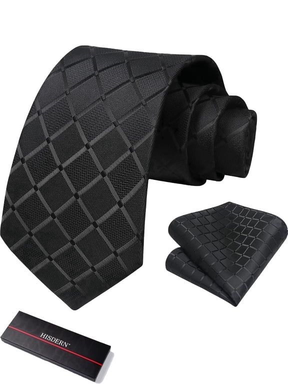 Black Plaid Mens Ties Handkerchief Elegant Formal Necktie & Pocket Square Set Dress Ties for Men
