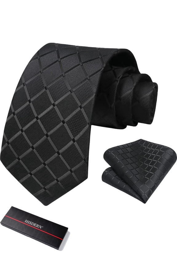 Black Plaid Mens Ties Handkerchief Elegant Formal Necktie & Pocket Square Set Wedding Ties for Men