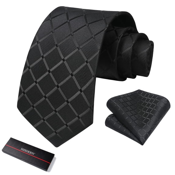 Black Plaid Mens Tie Handkerchief Elegant Formal Necktie & Pocket Square Set Emerald Black Ties for Men