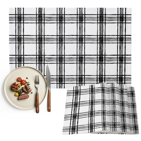 Black Plaid Placemats Set of 2, Gingham Check Minimalist Modern Grid Farmhouse Washable Wipeable Table Mats for Dining Tables, Indoor Outdoor Kitchen Place Mats for Holiday Party Table Decor