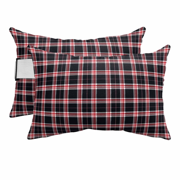 Black Plaid Red Stripes Outdoor Pillow for Chaise Lounge Chair,Retro Gingham Check Waterproof Headrest Lumbar Pillows with Insert&Elastic Strap for Patio Pool Garden Chairs Decor,2 Pack