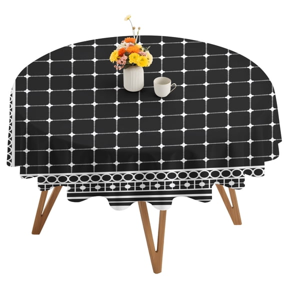 Black Plaid Round Tablecloth 54 inches Country Rustic Farmhouse Geometric Lines Grids Checkered Waterproof Oil-Proof Table Cloth Round Table Cover for Holiday Party Picnic Dinner Decor Indoor Outdoor