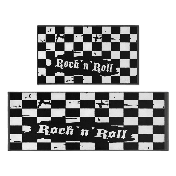 Black Plaid Rugs and Mats Non Skid Washable Absorbent Microfiber Soft Kitchen Mat for Floor Set Of 2 Decor Stain Resistant 17"x47"+17"x30"