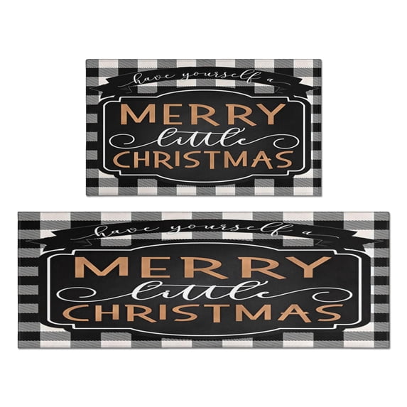 Black Plaid Rugs and Mats Non Skid Washable Absorbent Microfiber Soft Kitchen Mat for Floor Set Of 2 Decor Stain Resistant 17"x47"+17"x30"