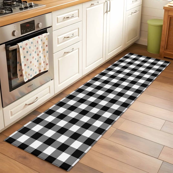 Black Plaid Runner Rugs 2x6 ft Black Gradient Line Check Geometric Washable Hallway Rugs Non-Slip Floor Mats Absorbent Carpet Bedside Runners for Bedroom Kitchen Bathroom Laundry Room