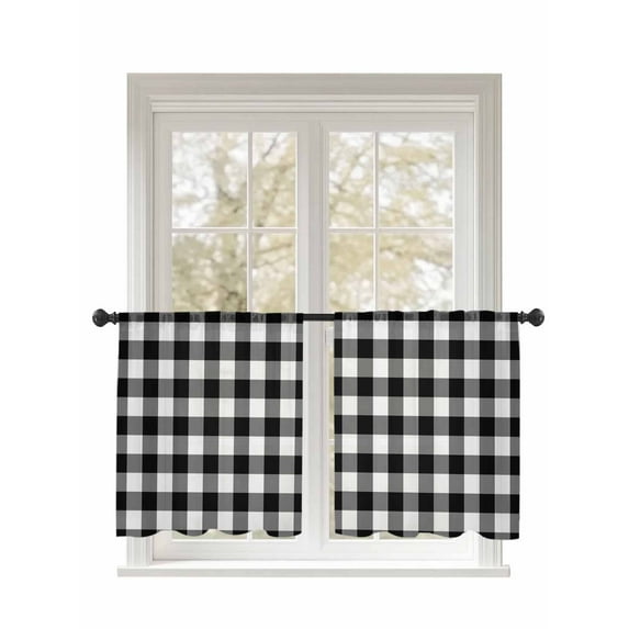 Black Plaid Sheer Curtains 2 Panels Set Black Gradient Line Check Geometric Lihgt Filtering Rod Pocket Voile Drape, Semi Sheer Window Curtains for Bedroom Living Room, 52"x54"