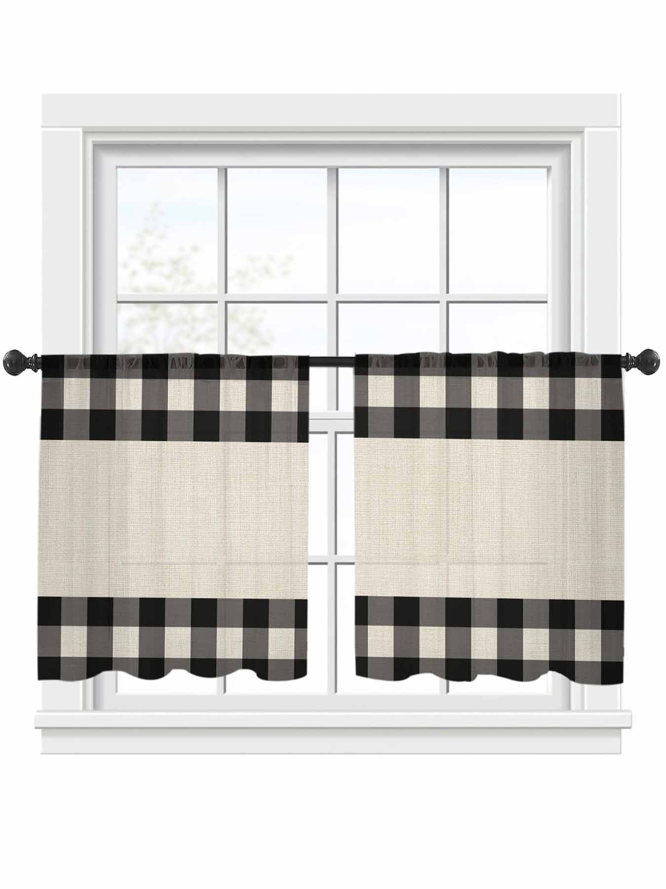 Black Plaid Sheer Curtains 2 Panels Set Retro Country Black Plaid Linen