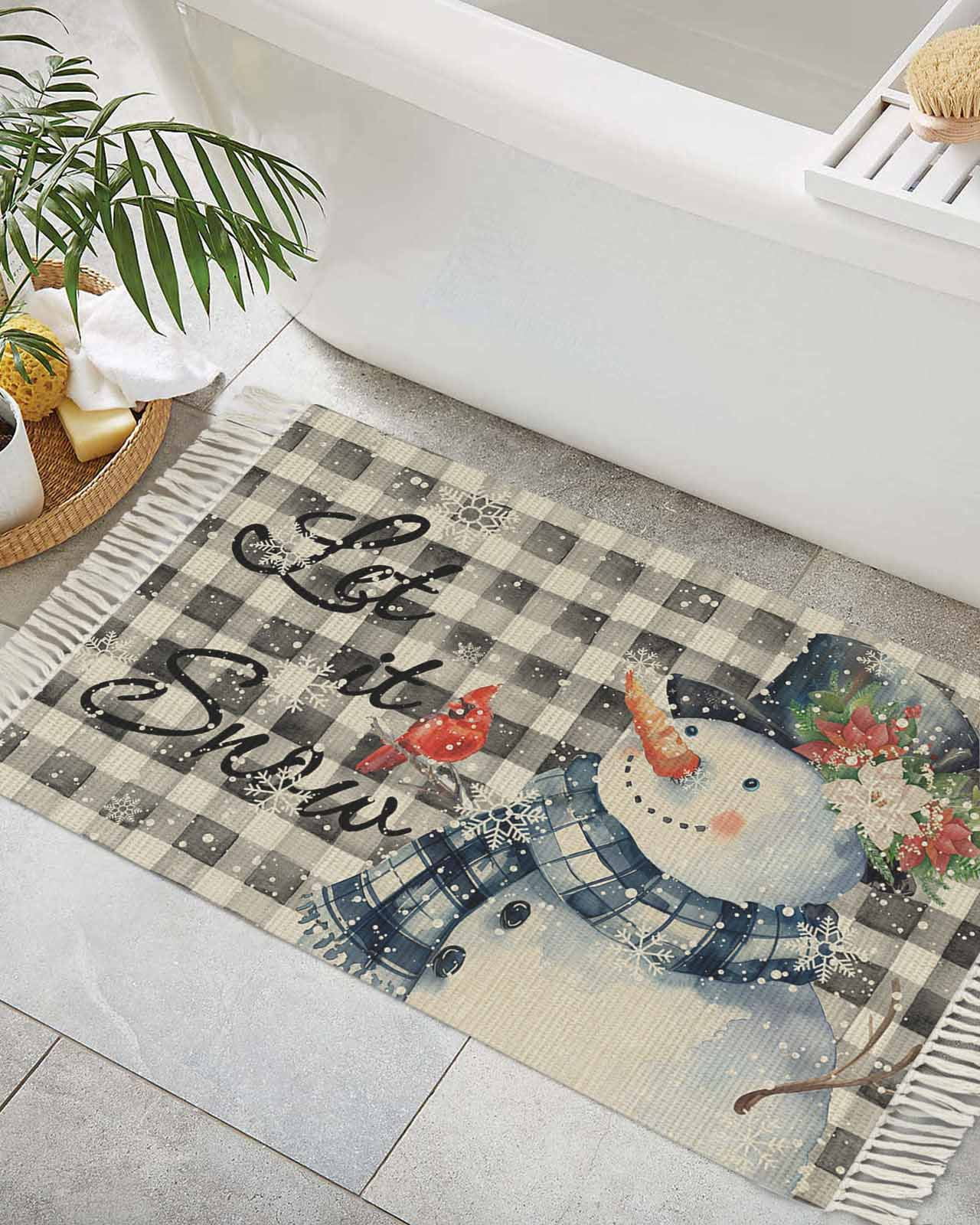 Black Plaid Snowman Christmas Bathroom Rug 2'x3', Woven Cotton Area Rug
